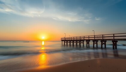 Fototapeta premium Scenic Sunset View with Pier, Calm Ocean, and Golden Reflections