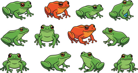 Various frogs are featured on a blue background. Amphibian illustration, pond life, wildlife art, animal diversity.