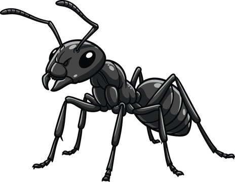 Cartoon ant stands alert with mandibles open. Illustration of an insect with antenna looking dangerous and ready to attack.