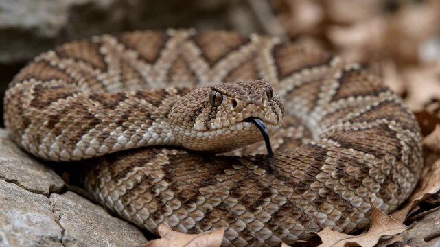 A Diamondback Rattlesnake coiled up on the ground, Diamondback rattlesnake ready to strike