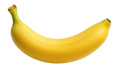 Yellow banana with smooth, curved form and greenish tinge at the stem