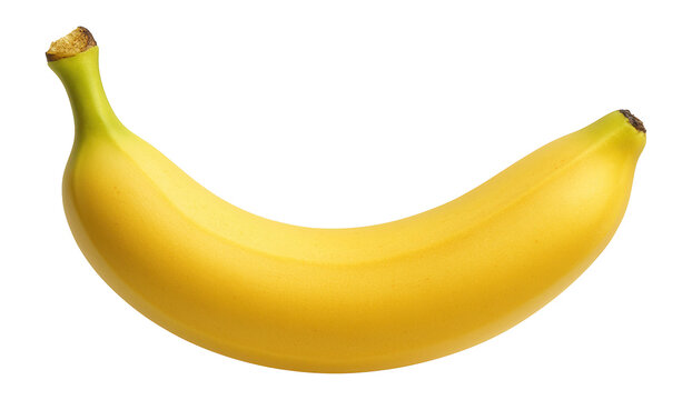 Yellow banana with smooth, curved form and greenish tinge at the stem