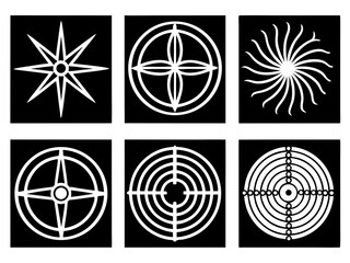 Collection of six geometric white symbols on black background