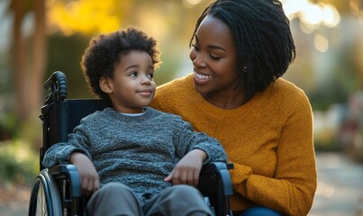 Mother and disabled child in a wheelchair, candid Black African American family, Generative AI