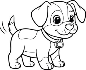 Obraz premium Cartoon puppy smiles with wagging tail and collar. Cheerful pet, cute animal, friendly canine, domestic drawing.