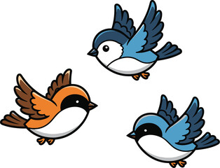Obraz premium Three cartoon birds are flying around together. Illustration of cute birds, avian animals, wildlife art