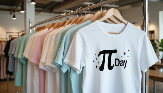 Math Celebration T-Shirts – Colorful Pastel Pi Day Apparel on Wooden Hangers for Educational Events, Fashion Retailers, and STEM Promotions