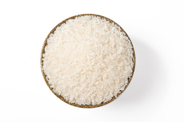 a bowl of raw rice isolated on white background 