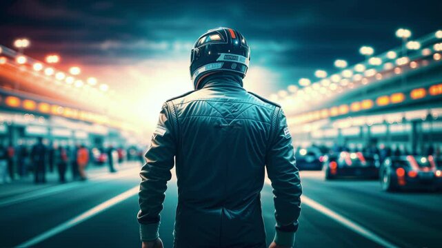Racing driver stands in sports suit on racing circuit