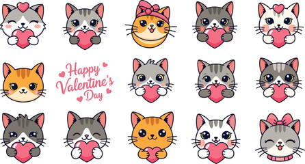 Cute cats hold hearts for Valentine's Day. Cartoon animal love, adorable kawaii, holiday design.