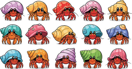 Cartoon hermit crabs in colorful shells are looking. Sea life, cute animal, whimsical illustration, funny marine creatures, fantasy wildlife