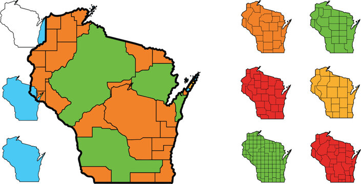 Map of Wisconsin shows different political districtings. Gerrymandering, district maps, political boundary, representation, voting