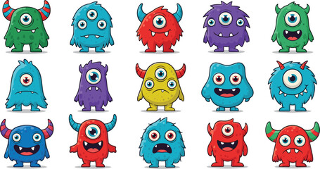 Collection of cute cartoon monsters. Illustration of funny, colorful creature designs, whimsical characters, childhood