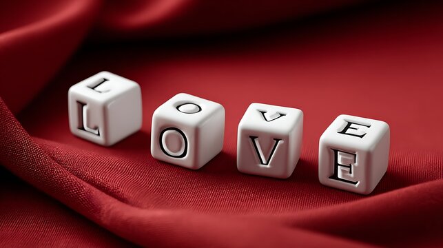 Valentine minimal love cube letters on red background romantic flat lay alphabet blocks concept