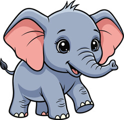 Naklejka premium Cute baby elephant smiles and walks forward. Adorable cartoon animal, friendly, playful, young