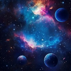 A vibrant nebula with swirling colors and several planets scattered throughout the star field view