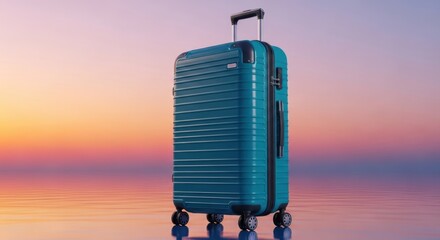 A modern blue suitcase stands ready for travel against a sunset background