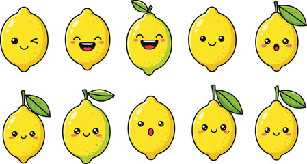 Collection of cute cartoon lemons with happy expressions. Kawaii fruit characters, emoji style, vibrant, playful designs, health, vitamin C.