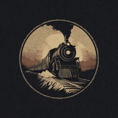 Vintage train illustration in circle, dark background