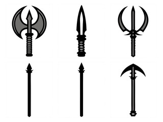 Collection of stylized fantasy weapons including axes spears and tridents