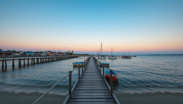 Serene Wooden Pier with Boats and Vibrant Sunset Sky Over Calm Water, Peaceful Coastal Marina Scene