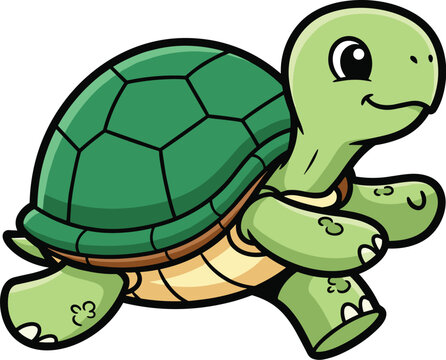 Cartoon turtle walks forward with a happy expression. Cheerful reptile, cute animal, green character, wildlife illustration.