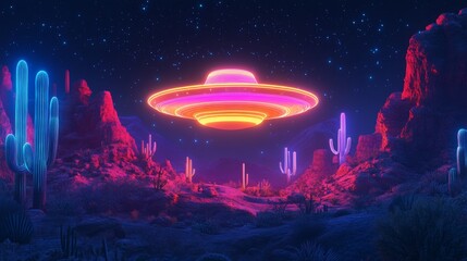 Glowing ufo hovering over neon desert landscape at night