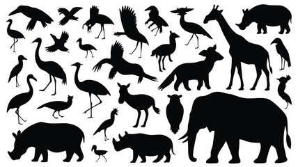 Animal Silhouette Collection Birds, Rhinos, Giraffe, Elephant and More, Black Isolated on White Background