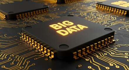 Big Data Managing Information at Scale Illustrated on a Processor,Technologically advanced microchip with illuminated 'BIG DATA' text, representing cutting-edge data systems and digital infrastructure