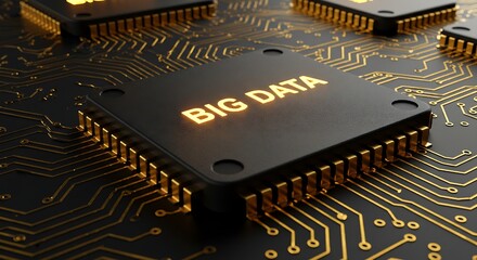 Big Data Managing Information at Scale Illustrated on a Processor,Technologically advanced microchip with illuminated 'BIG DATA' text, representing cutting-edge data systems and digital infrastructure
