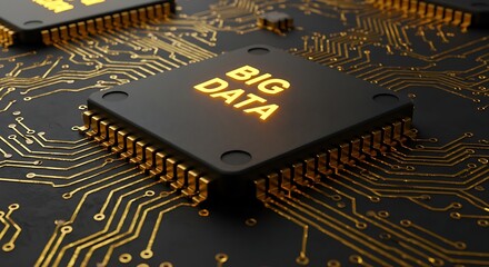 Big Data Managing Information at Scale Illustrated on a Processor,Technologically advanced microchip with illuminated 'BIG DATA' text, representing cutting-edge data systems and digital infrastructure