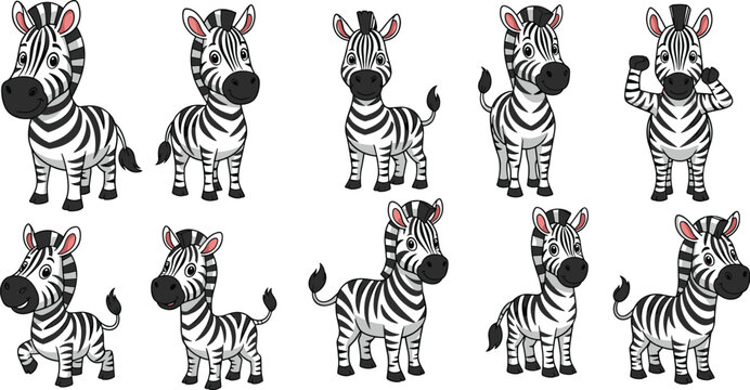 Collection of zebra cartoon characters posing. Cute animal mascots, cartoon art, illustration, whimsical.