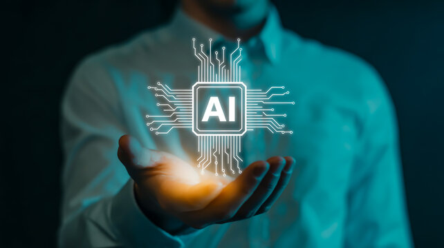 Glowing artificial intelligence chip over open palm