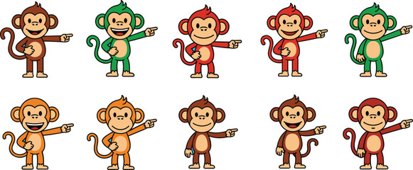 Cartoon monkeys point with fingers on light blue background. Playful apes with different color fur for design.