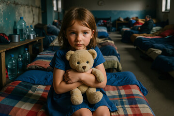 Young girl with a sad expression holding a teddy bear in a shelter background