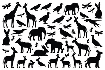Black Animal Silhouettes Giraffes, Elephants, Birds, Rabbits, Deer, and Dragonflies Illustration on White Background