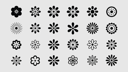 Black Flower Icons Assorted Floral Designs with Varying Shapes and Patterns on a Light Background