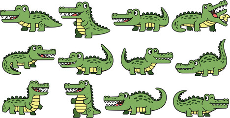 Cartoon crocodiles display various poses and emotions. Reptiles illustration, alligator, cute animals, wildlife.