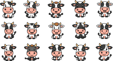 Row of cartoon cows sit cheerfully. Farming, farm animals, illustration, cute, happy, smiling, animation