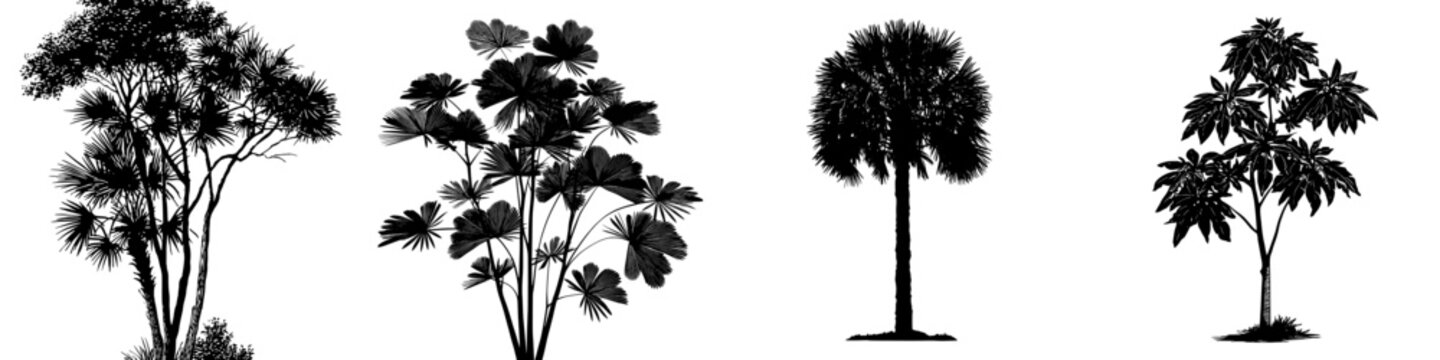 This image features the silhouette of a palmetto tree, characterized by its fan-shaped leaves and slender trunk, presented in a modern clipart style