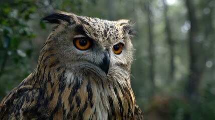 Naklejka premium Majestic owl portrait in a natural woodland habitat, showcasing its distinctive features 