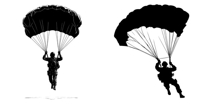 This image depicts a soldier descending with a parachute in black silhouette style, resembling an army figure
