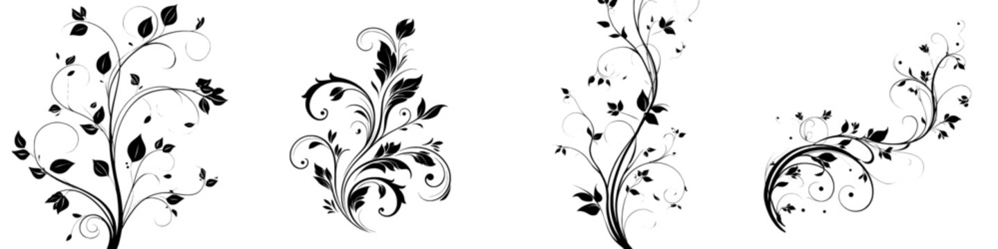 This image depicts a black and white floral vine silhouette featuring elegant swirls and leaves, often referred to as a botanical flourish or arabesque, in a modern clipart illustration design