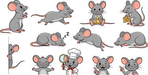 Cartoon mice in various poses and activities. Rodent characters, cute animals, design elements.