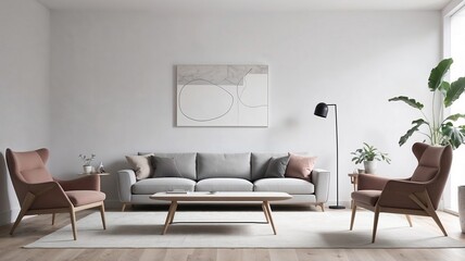 A bright, modern living room interior with a Scandinavian design.