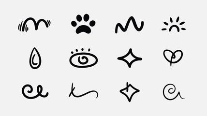 Fototapeta premium Collection of Simple Hand Drawn Black Doodle Paw vector Print, Eye, Star, Water Drop, and More