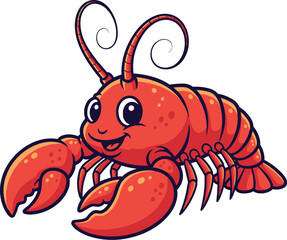 Cartoon lobster smiles with its claws forward. Happy seafood character, marine animal, crustacean creature, sea life.