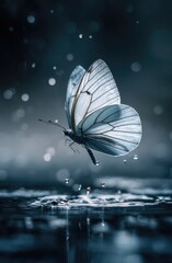 White butterfly, water droplets, dark background