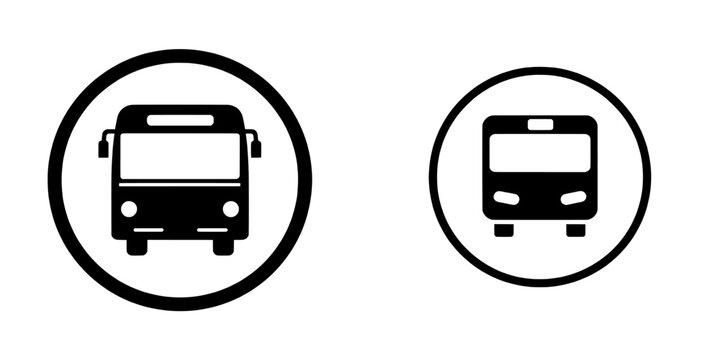 The bus icon is modern, and the modern icon is a bus, with a bus symbol and a bus stop sign symbol isolated on a white background