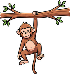 Cartoon monkey hangs from a tree branch. Cute primate, happy animal, playful illustration, jungle life.